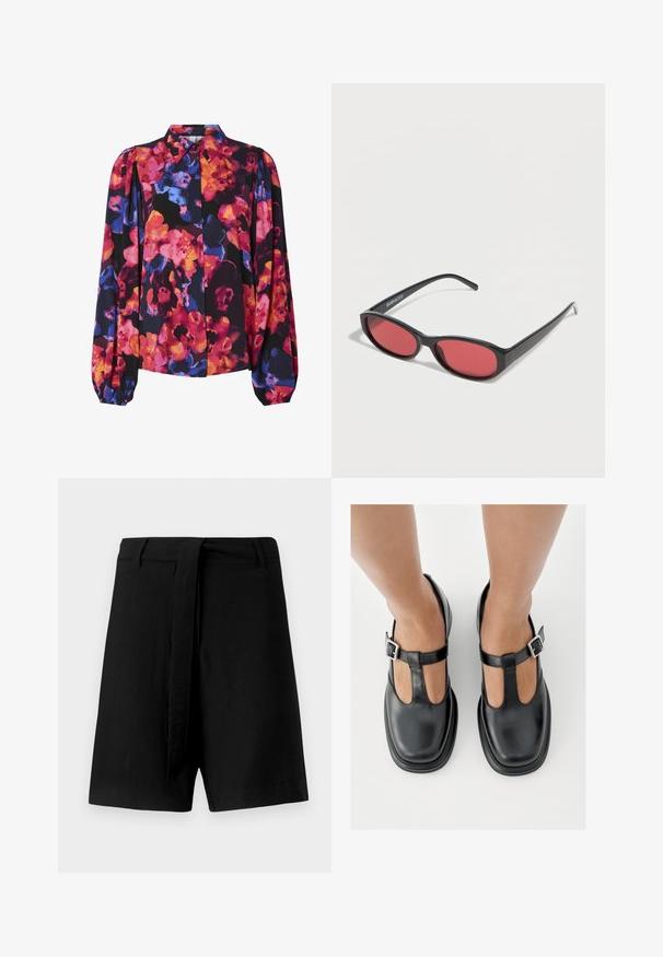 Blumenbluse mit langen Puffärmeln, die eine Mischung aus lebhaften Farben zeigt: Pink, Orange, Blau und schwarzer Hintergrund. Knopfleiste und Kragen.; Schwarze Leinenshorts mit hoher Taille, ausgestattet mit einem Stoffgürtel und seitlichen Taschen, glatte Textur und einer lockeren Passform.; Schwarze Lederschuhe mit T-Riemen-Design, geschlossenem Zehenbereich und silbernen Schnallenakzenten. Glatte Textur mit rundem Zehenbereich und flacher Sohle.; Schwarze ovale Sonnenbrille mit schlanken Bügeln und rot getönten Gläsern, die auf einer weißen Oberfläche liegt.