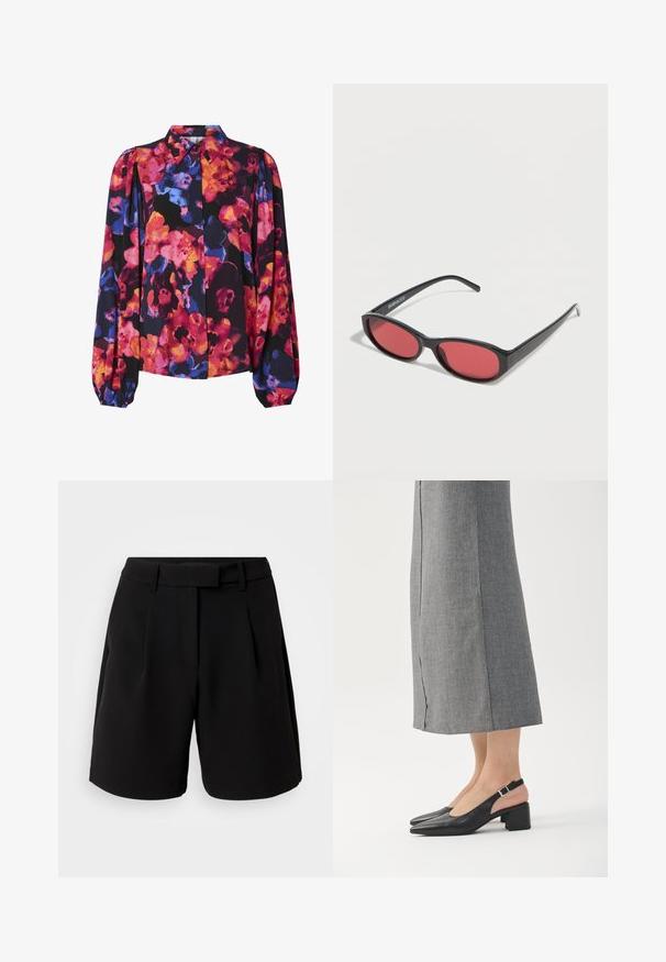 Bloemenblouse met lange pofmouwen, met een mix van levendige kleuren: roze, oranje, blauw en een zwarte achtergrond. Met knoopsluiting bij de kraag.; Zwarte op maat gemaakte shorts, gemaakt van een gladde stof, met een hoge taille, plooien, ceintuurlussen en zijzakken, met een strakke afwerking.; Zwarte leren slingback schoenen met een puntige neus, blokhak en een contrasterend roze hielaccent. Gladde textuur met een minimalistisch ontwerp.; Zwarte ovale zonnebril met slanke pootjes en rood getinte glazen, rustend op een witte ondergrond.