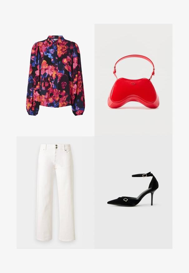Blomstret bluse med lange pufærmer, der har en blanding af livlige farver: pink, orange, blå og sort baggrund. Knap-ned krave.; Hvide jeans med lige ben, forlommer, bæltestropper og dobbelt knaplukning, vist på en neutral baggrund.; Sort fløjls højhælet sko med spids tå, ankelrem med en spændeaccent og en slank, glinsende stilettohæl.; Rød taske i laklæder med en buet, ergonomisk form, der har en tynd justerbar rem og en diskret logodetalje foran.