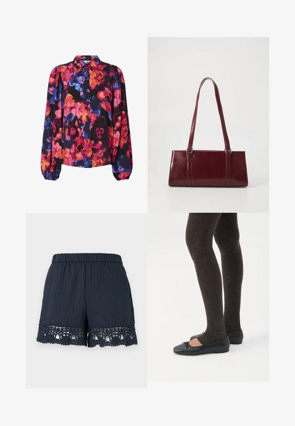 Blusa floral con mangas largas abullonadas, con una mezcla de colores vibrantes: rosa, naranja, azul y fondo negro. Cuello tipo botón.; Pantalones cortos de mujer azul marino con cinturilla elástica y ribete de encaje floral a lo largo del dobladillo sobre un fondo claro y liso.; Piernas con leggings oscuros acanalados combinados con bailarinas negras que presentan pequeños detalles de lazo sobre un fondo blanco.; Bolso burdeos hecho de material brillante, de forma rectangular, con dos asas para el hombro y sutiles acentos curvados en la parte frontal.