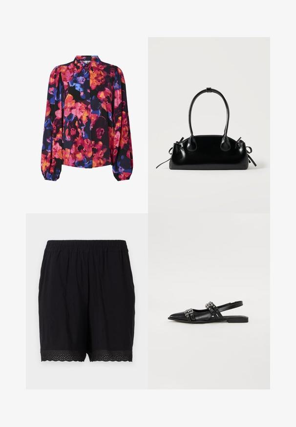 Blusa floral con mangas largas abullonadas, con una mezcla de colores vibrantes: rosa, naranja, azul y fondo negro. Cuello tipo botón.; Pantalones cortos de algodón negro con cintura elástica y dobladillo con puntas que presenta detalles perforados en los bordes. Tela suave y ligera.; Even&Odd Bailarinas con tira trasera - black; Pequeño bolso negro brillante con dos asas largas y detalles de cordón lateral sobre un fondo claro liso.
