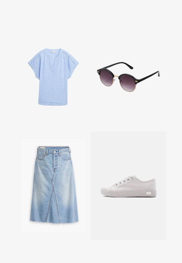 Camisa corta de manga en azul claro hecha de una tela transpirable, con escote en forma de V y un sutil patrón texturizado en toda la prenda.; Falda de mezclilla azul claro con corte recto, detalle de abertura frontal, dobladillo deshilachado, diseño de cinco bolsillos y detalles de herrajes metálicos.; Zapatilla blanca de lona de corte bajo con cierre de cordones y suela de goma, vista desde un lado.; Gafas de sol redondas con montura de plástico negro y lentes en degradado púrpura oscuro. Accentos metálicos dorados en la montura. Brazos delgados en negro.