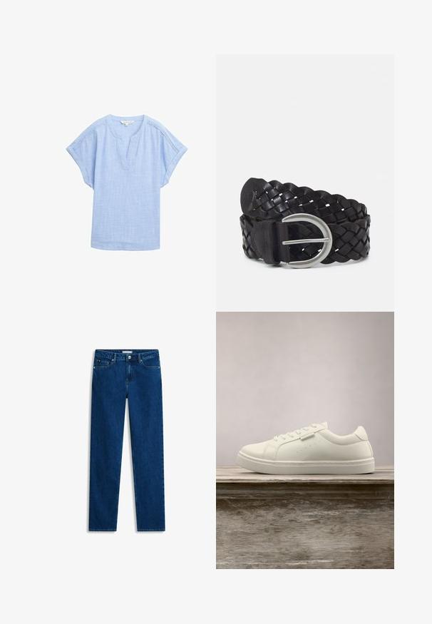 Lys blå kortærmet skjorte i et åndbart stof, med v-halsudskæring og en subtil tekstureret mønster over hele. ; Mørkeblå jeans med lige ben, forrest med knap, lynlås, bæltestropper og fem-lomme design på hvid baggrund.; Hvide lædersneakers med snørebånd svævende over en træbænk, grøn høj græs sløret i baggrunden udendørs.; Flettet mørkebrunt læderbælte med en rund sølvmetalspænde og glat overflade, der har et vævet design for fleksibilitet.