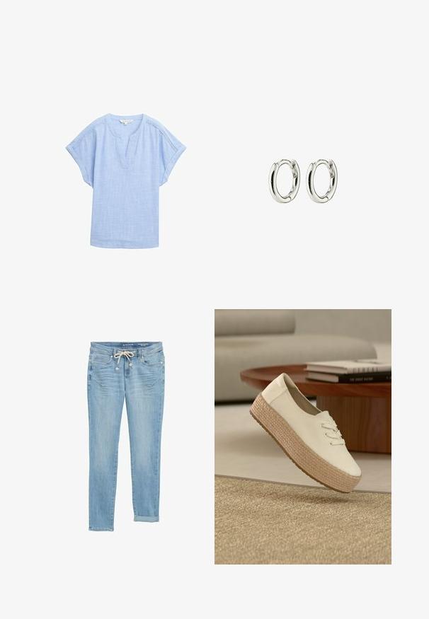 Camisa corta de manga en azul claro hecha de una tela transpirable, con escote en forma de V y un sutil patrón texturizado en toda la prenda.; Vaqueros de mezclilla azul claro con corte recto, cintura elástica con cordón, puños enrollados y bolsillos frontales. Diseñados con un sutil desgaste.; Zapato de plataforma de lona blanca con suela de yute trenzado flotando sobre una alfombra beige tejida en un entorno moderno de sala de estar.; Pendientes de aro de plata con un acabado suave y brillante. Forma redondeada con un cierre seguro. Diseño minimalista que presenta un sutil detalle retorcido.