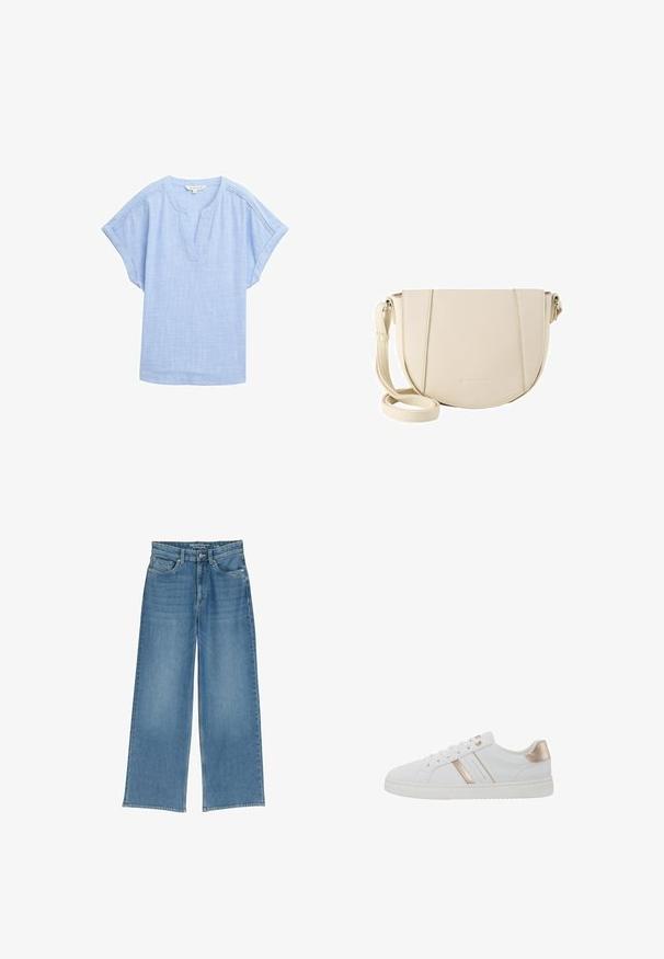 Lys blå kortærmet skjorte i et åndbart stof, med v-halsudskæring og en subtil tekstureret mønster over hele. ; Lyseblå jeans med bred benvidde og høj talje, fem lommer og synlig syning; stoffet har en let struktureret overflade.; Hvide sneakers med et lavt design, glat læderlignende materiale, metallic rosa guld detaljer og en tekstureret gummisål.; Crossbody taske i struktureret cremefarvet kunstlæder, halvcirkelformet, justerbar rem, minimal syning og diskret branding forneden.