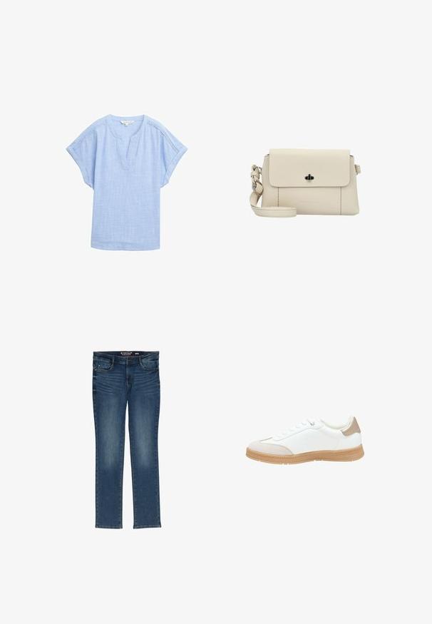 Lys blå kortærmet skjorte i et åndbart stof, med v-halsudskæring og en subtil tekstureret mønster over hele. ; Mørkeblå lige ben jeans lavet af denim, med lynlås, fem lommer og subtilt slid. Størrelsesmærke synligt indeni livlinjen.; Hvide sneakers med en glat læderoverdel, beige ruskind tåhætte og en struktureret tan gummisål. Har fem huller til snørebånd og en polstret hæl.; Beige læder crossover taske med flaplukning og sølvfarvet spænde, der har en aftagelig rem og tekstureret overflade.