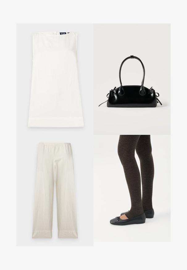 Haut blanc sans manches à col rond avec une petite étiquette GAP visible au niveau de l'encolure arrière, posé à plat sur un fond clair.; Pantalon ample couleur crème avec taille élastique et larges revers, présenté sur un fond clair uni.; Jambes portant des leggings côtelés foncés associés à des ballerines noires avec de petits détails en nœud sur fond blanc.; Petit sac à main noir brillant avec deux longues anses et des détails à cordon sur les côtés sur un fond clair uni.
