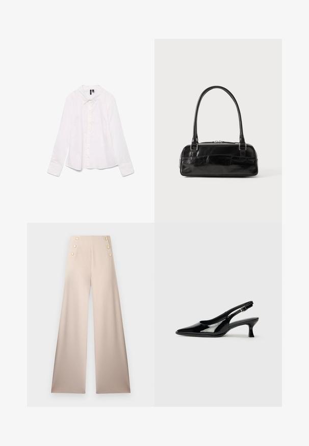 Chemise blanche à manches longues en coton, avec un col classique, une fermeture à boutons sur le devant et une coupe légèrement décontractée. Texture lisse sans motifs.; Pantalon beige à jambes larges, taille haute avec deux rangées verticales de trois boutons décoratifs dorés à l'avant.; Escarpins en cuir verni noir avec un bout pointu et un petit talon carré. Sangle réglable à la cheville avec boucle.; Sac à main en cuir noir de forme rectangulaire, doté d'une seule ansse structurée, de quincaillerie argentée et d'une fermeture éclair. Texture lisse.