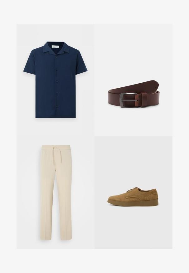 Chemise bleu marine à manches courtes avec col camp et cinq boutons sur le devant, présentée sur un fond blanc uni.; Pantalons beiges à taille élastique avec cordon de serrage. Comprend des jambes droites et une texture lisse, adaptés pour un usage décontracté ou pour se détendre.; Chaussure décontractée à lacets en daim marron avec semelle en caoutchouc plate, vue de côté sur un fond clair uni.; Ceinture en cuir brun avec une texture lisse, dotée d'une pointe courbée et d'une boucle métallique rectangulaire au fini sombre.