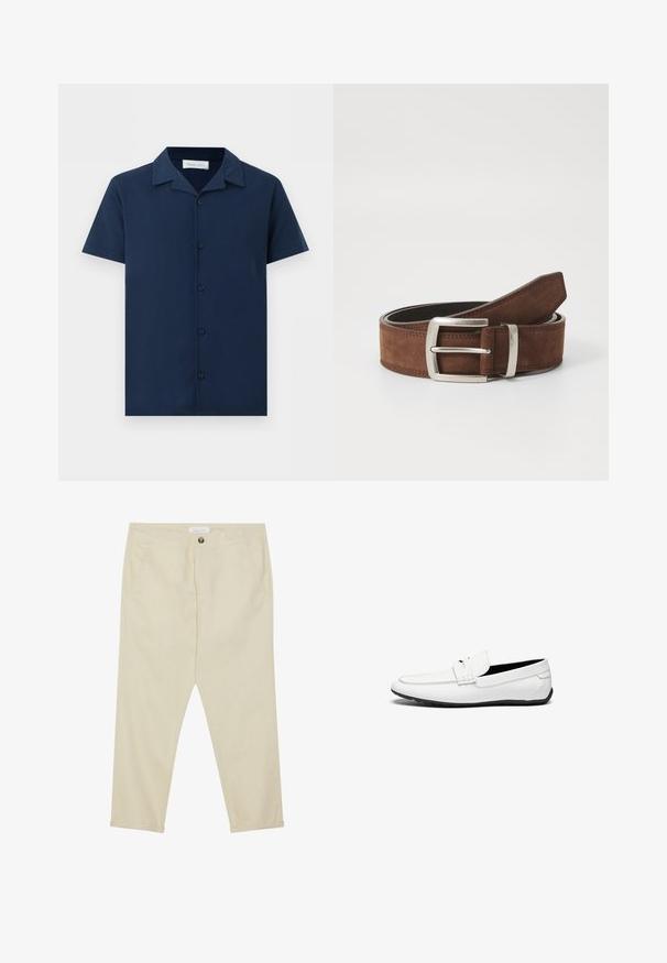 Chemise bleu marine à manches courtes avec col camp et cinq boutons sur le devant, présentée sur un fond blanc uni.; Pantalons en coton beige avec une coupe droite, poches avant et fermeture à un bouton. Longueur cheville avec une texture lisse.; Mocassins en cuir blanc avec une finition lisse, présentant un accent cousu, un bout rond et une semelle en caoutchouc noir pour l'adhérence.; Ceinture en suède marron avec une boucle en métal argenté et des détails de coutures linéaires. La ceinture est plate et a une largeur et une forme classiques.
