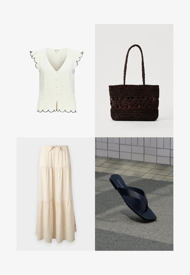 Blouse crème sans manches avec bords festonnés sur les manches et l'ourlet, petits boutons devant et encolure en V.; Jupe maxi beige à volants avec ceinture élastique et cordon de serrage, présentant un tissu fluide et froncé.; Sandale noire à lanière avec bout carré et nom de la marque sur la semelle, positionnée debout sur un pavement texturé près d’un mur carrelé.; Sac fourre-tout tissé brun foncé avec des motifs floraux et deux longues poignées tressées sur un fond clair uni.