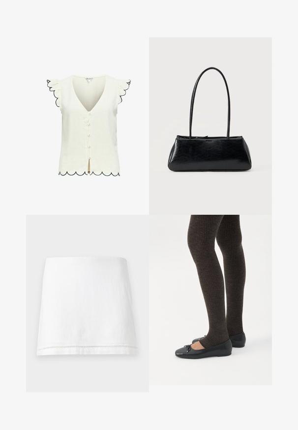 Blouse crème sans manches avec bords festonnés sur les manches et l'ourlet, petits boutons devant et encolure en V.; Mini-jupe en lin blanc avec ourlet droit et coutures décoratives discrètes près du bord inférieur, présentée sur un fond uni.; Jambes portant des leggings côtelés foncés associés à des ballerines noires avec de petits détails en nœud sur fond blanc.; Sac à épaule rectangulaire noir avec de longues bretelles fines et une texture lisse et brillante sur un fond uni.