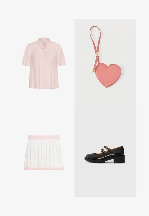 Blouse rose clair avec un col en volants, un détail à nouer et un devant à boutons. Fabriquée en tissu texturé avec des manches courtes et larges.; Jupe plissée blanche avec ceinture et bordure rose pâle, longueur genou, vue à plat sur fond blanc.; Chaussures Mary Jane en cuir verni noir avec deux brides réglables, bout rond et talon en caoutchouc épais présentant un motif de semelle texturé.; Pochette à pièces en cuir rose en forme de cœur avec sangle de poignet et fermeture éclair dorée, marquée d’un petit texte doré "Furla".