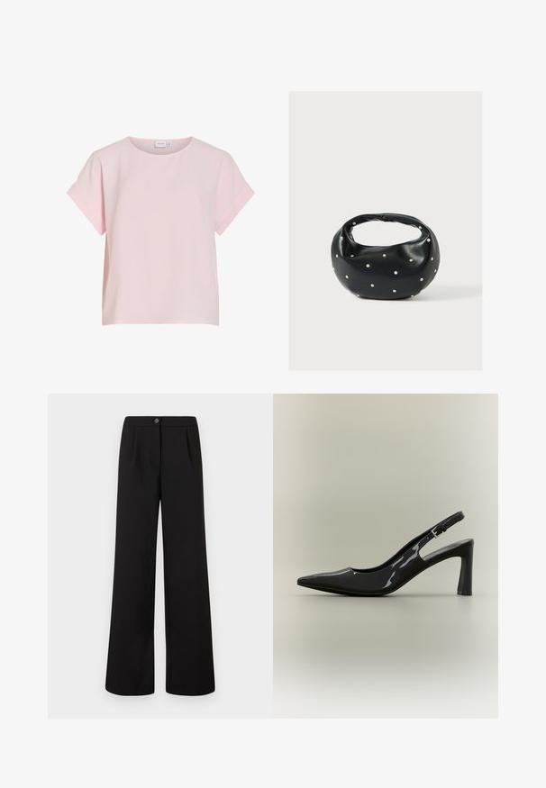 Blouse rose clair à manches courtes avec col rond et poignets de manches pliés, en tissu doux et léger.; Pantalons larges noirs taille haute avec bouton et fermeture éclair à l'avant, comportant des plis subtils sous la ceinture.; Escarpin slingback en cuir verni noir, bout pointu, talon bloc de hauteur moyenne et bride ajustable avec boucle.; Sac à main en cuir noir de forme arrondie, décoré de clous argentés et équipé d'une poignée courte. Texture lisse et fermeture éclair.