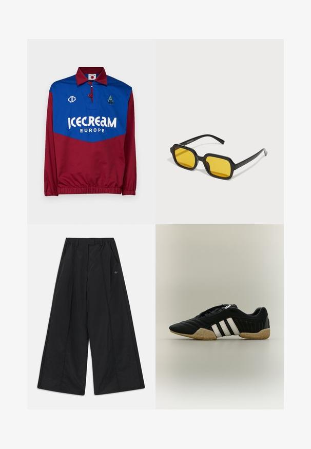Rood en blauwe trui met een kraag, voorzien van een groot wit "icecream EUROPE" logo, geborduurde accenten en elastische boorden aan de taille en mouwen.; Zwarte wijde broek met zijzakken, lussen voor een riem, plooien aan de voorkant en een klein Adidas-logo aan de rechterkant.; Zwart sportief schoen met witte strepen en beige getextureerde zool op een neutrale achtergrond, weergegeven in zijprofiel.; Zwarte rechthoekige zonnebril met gele lenzen. Kenmerken zijn onder andere dikke monturen en een hoekig ontwerp met een gladde, glanzende afwerking.