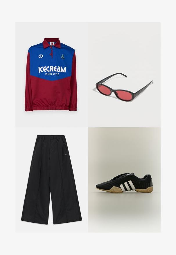 Červený a modrý pulóver s golierom, ktorý má veľké biele logo "icecream EUROPE", vyšívané akcenty a elastické manžety na páse a rukávoch.; Čierne nohavice s širokými nohavicami, bočnými vreckami, pútkami na opasok, prednými záhybmi a malým logom Adidas na pravej strane.; Čierna športová obuv s bielymi pruhmi a béžovou textúrovanou podrážkou na neutrálom pozadí, zobrazená zo strany.; Čierne oválne slnečné okuliare s tenkými ramenami a červenými tónovanými šošovkami ležia na bielom povrchu.