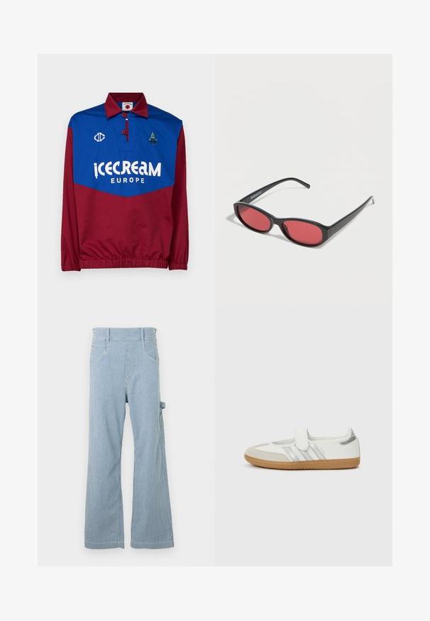 Rood en blauwe trui met een kraag, voorzien van een groot wit "icecream EUROPE" logo, geborduurde accenten en elastische boorden aan de taille en mouwen.; Blauw-witte, verticaal gestreepte broek met wijde pijpen, knoopdetails op de heupen en een zijvak.; Witte sneaker met zilveren strepen, suède neuskap en klittenbandsluiting. Texturen gumrubberen zool. Minimalistisch ontwerp met een gladde afwerking.; Zwarte ovale zonnebril met slanke pootjes en rood getinte glazen, rustend op een witte ondergrond.