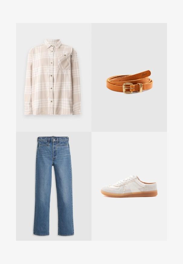 Vaalean beige ja valkoinen ruudullinen pitkähihainen kauluspaita, jossa on rintatasku, esillä litteänä valkoisella taustalla.; Vaaleansiniset suorat farkut, jotka on valmistettu denimistä. Ominaisuuksiin kuuluvat nappisulku, viisi taskua ja hienovarainen kuluminen. Ei koristeita eikä kuvioita.; Matalavartinen valkoinen lenkkikenkä, jossa on mokka- ja kangaspaneelit, valkoiset nauhat ja läpikuultava kuminahkapohja, valkoista taustaa vasten kuvattuna.; Vaaleanruskea nahkavyö, jossa ohut muotoilu, kullanvärinen metallisolki ja kohokuvioitu logo; sileä pinta ja siistit reunat.