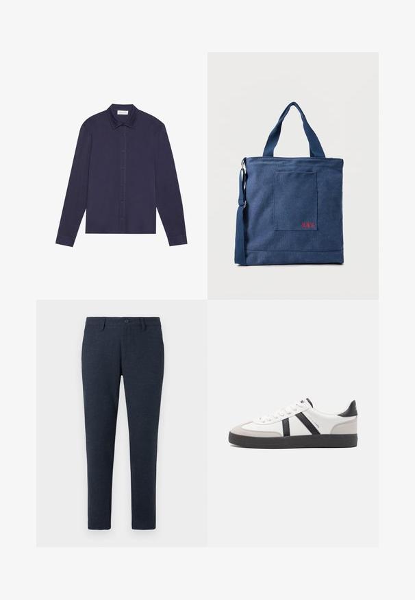 Chemise à manches longues bleu marine en tissu lisse, avec un devant à boutons, un col pointu et une coupe légèrement décontractée.; Pantalons slim fit bleu marine foncé avec passants de ceinture, bouton avant et poches avant, présentés sur un fond blanc.; Baskets blanches avec des accents noirs et gris, présentant un embout texturé gris, une semelle en caoutchouc noir et des lacets plats blancs. Design épuré, style minimaliste.; Sac fourre-tout en toile bleue avec poche frontale et broderie rouge "O.N.S", doté de doubles poignées et d'une bandoulière réglable.