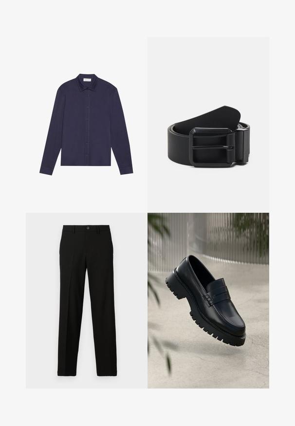 Chemise à manches longues bleu marine en tissu lisse, avec un devant à boutons, un col pointu et une coupe légèrement décontractée.; Pantalon noir en tissu lisse, avec une coupe droite, une fermeture à bouton à la taille, et sans motifs ni accents visibles.; Mocassins en cuir noir avec une semelle à crampons épaisse, dotés d'une sangle décorative et de détails de couture. Texture lisse avec une finition polie.; Ceinture en cuir noir avec une boucle en métal noir mat, présentant une surface plate et lisse et une extrémité effilée. Design simple sans embellissements.