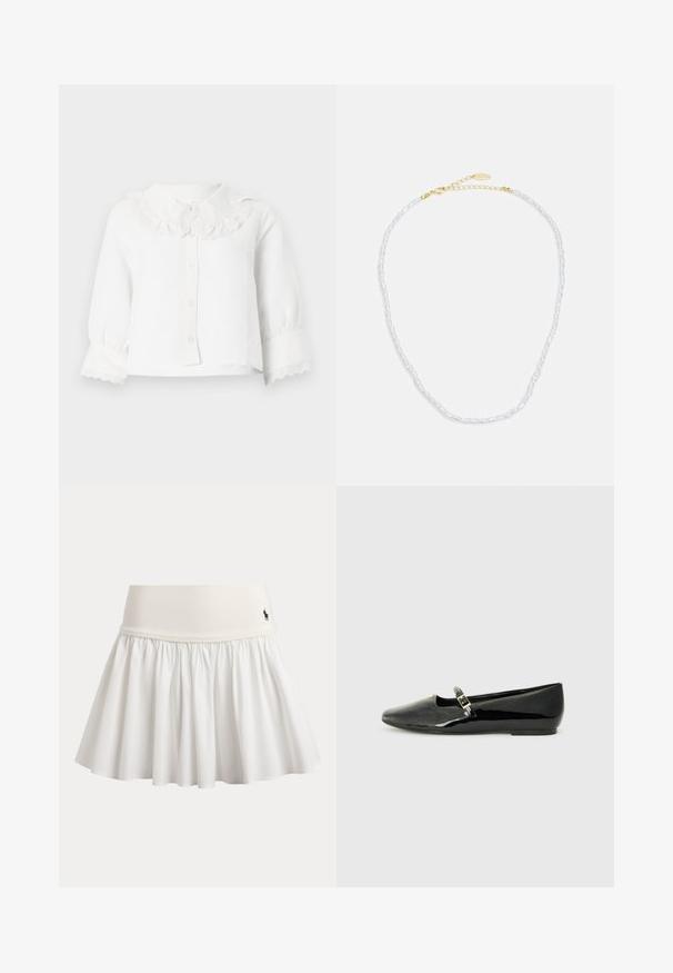 Blouse blanche à manches longues pour bébé avec col et poignets en dentelle festonnée, fermeture à boutons sur le devant et manches légèrement froncées.; Jupe de tennis plissée blanche avec une large taille élastique et un petit logo noir sur le côté droit de la taille.; Ballerines en cuir verni noir avec un bout pointu, une sangle à la cheville avec une boucle dorée et un design minimaliste. Semelle plate et texture brillante.; Collier de perles au design délicat, présentant de petites perles blanches et un prolongateur en or avec un fermoir pour une longueur réglable.