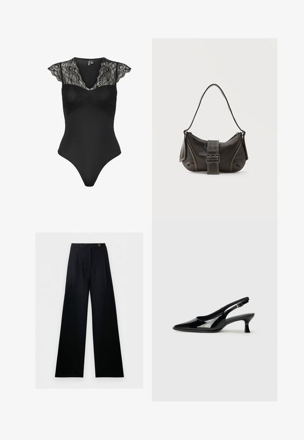 Body noir sans manches avec manches courtes en dentelle et détails en dentelle sur le haut de la poitrine et les épaules, encolure en V, silhouette ajustée.; Pantalon noir à jambes larges, taille haute, fermeture boutonnée à l’avant, avec passants de ceinture, présenté sur fond blanc.; Escarpins en cuir verni noir avec un bout pointu et un petit talon carré. Sangle réglable à la cheville avec boucle.; Sac à épaule en cuir noir avec une sangle à boucle, des bords arrondis et des coutures blanches contrastées sur un fond uni.