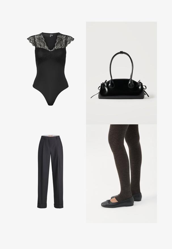 Body noir sans manches avec manches courtes en dentelle et détails en dentelle sur le haut de la poitrine et les épaules, encolure en V, silhouette ajustée.; Pantalon gris foncé en tissu texturé, avec une taille haute, des plis et des poignets retroussés aux ourlets.; Jambes portant des leggings côtelés foncés associés à des ballerines noires avec de petits détails en nœud sur fond blanc.; Petit sac à main noir brillant avec deux longues anses et des détails à cordon sur les côtés sur un fond clair uni.