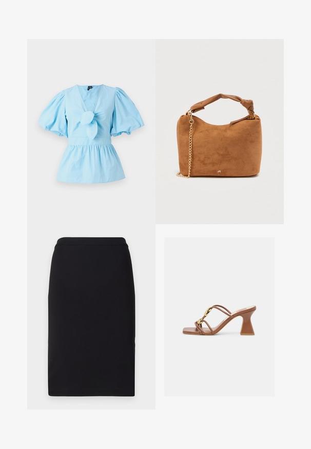 Haut bleu clair à manches bouffantes avec un décolleté en V, détail noué sur le devant et une taille ajustée qui s'élargit en un ourlet peplum. Tissu en coton.; Jupe crayon noire en tissu extensible, avec une texture lisse et un design slim et droit, dotée d'une taille ajustée.; Sandale marron à talon avec bout carré, talon bloc incurvé, fines brides et deux accents décoratifs circulaires dorés sur les brides.; Sac à main en daim marron avec une sangle nouée et un accent de chaîne dorée. Texture lisse et forme arrondie, avec un logo minimaliste.