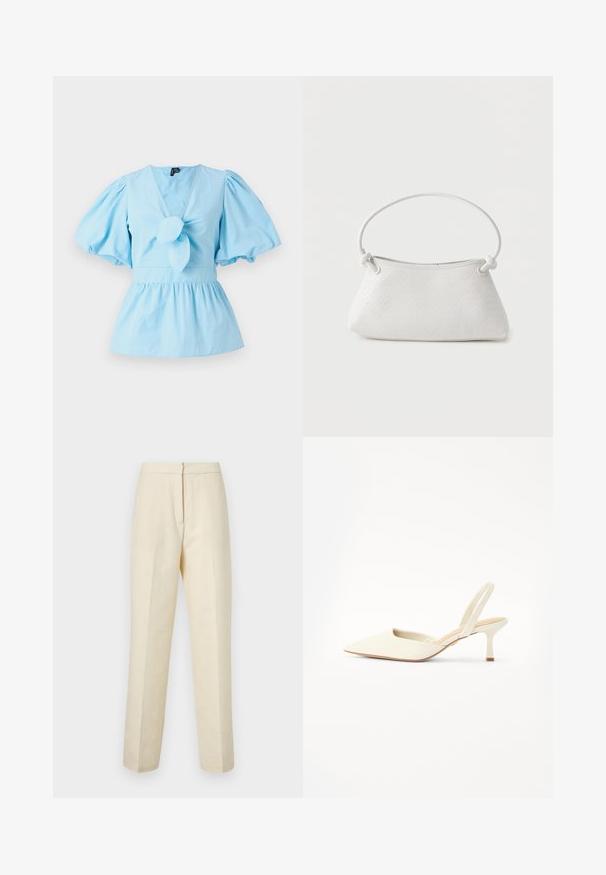 Top de manga abullonada azul claro con escote en V, detalle de nudo en la parte delantera y una cintura ajustada que se abre en un dobladillo de peplum. Tela de algodón.; Pantalones ajustados de crema clara con un patrón floral texturizado, que presentan una pierna recta y una cintura limpia con un cierre trasero.; Zapato de tacón con punta afilada y espalda descubierta en un material blanco hueso liso con un brillo sutil, que cuenta con un tacón delgado y un diseño minimalista.; Bolso de mano de cuero blanco tejido con asa redondeada y extremos de la correa anudados, exhibido sobre un fondo liso.