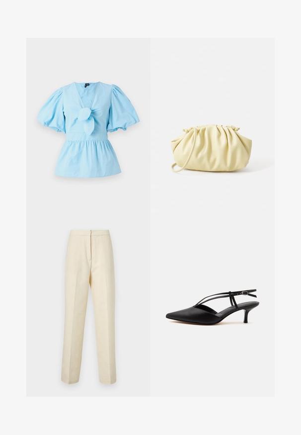 Haut bleu clair à manches bouffantes avec un décolleté en V, détail noué sur le devant et une taille ajustée qui s'élargit en un ourlet peplum. Tissu en coton.; Pantalons ajustés en crème claire avec un motif floral texturé, présentant une jambe droite et une taille épurée avec une fermeture arrière.; Escarpin noir en cuir à bout pointu avec petit talon kitten, fine bride de cheville avec boucle, design slingback, sur un fond uni clair.; Sac à main plissé jaune en simili cuir lisse, arborant une forme douce avec une bandoulière unique et un design froncé sur le dessus.