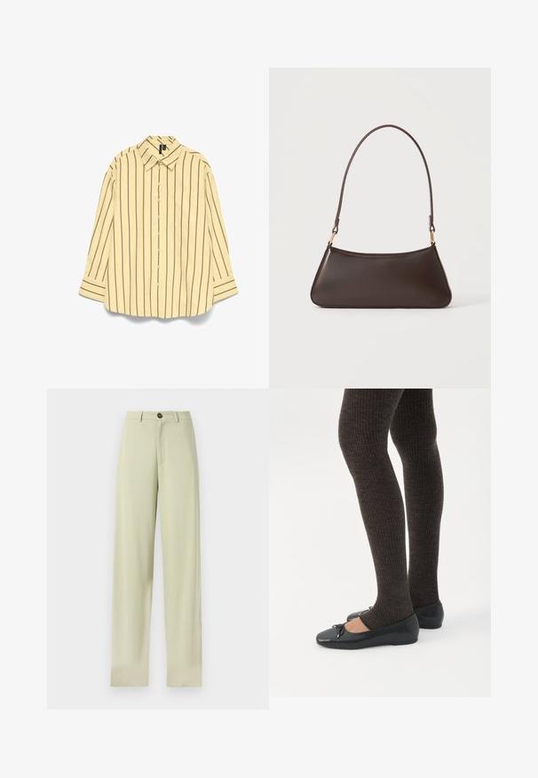 Chemise beige à manches longues avec boutons, rayures verticales noires, col pointu et poche poitrine gauche.; Pantalon beige clair à jambes droites avec passants pour ceinture, bouton avant et fermeture éclair, présenté sur un fond uni.; Jambes portant des leggings côtelés foncés associés à des ballerines noires avec de petits détails en nœud sur fond blanc.; Sac à main en cuir marron foncé avec une fermeture éclair incurvée en haut et une fine bandoulière avec des fermoirs dorés sur un fond uni.