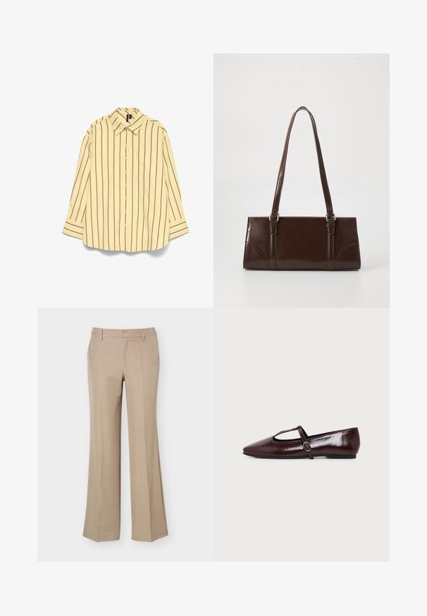 Chemise beige à manches longues avec boutons, rayures verticales noires, col pointu et poche poitrine gauche.; Pantalon beige pour femme avec passants de ceinture, pli devant et coupe droite à jambes larges sur fond blanc uni.; Chaussure plate en cuir bordeaux foncé avec un bout pointu et une fine bride en T avec une boucle argentée sur fond blanc.; Sac à main en cuir verni marron de forme rectangulaire, avec deux longues poignées et des accents courbés subtils à l'avant.