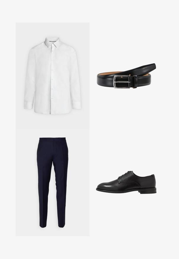 Camisa blanca de vestir de manga larga con cuello abierto y puños abotonados, mostrada de frente sobre un fondo liso gris claro.; Pantalones ajustados de color azul marino con una textura suave, presentando un frente plano y detalles en las costuras laterales para un aspecto a medida.; Zapato de vestir de cuero negro con un acabado liso, punta redondeada, seis ojetes y un tacón bajo apilado. Diseño simple y clásico.; Cinturón de cuero negro con una textura suave, que presenta una hebilla rectangular de plata y un forro interior en tono marrón. El extremo está afinado para un aspecto elegante.