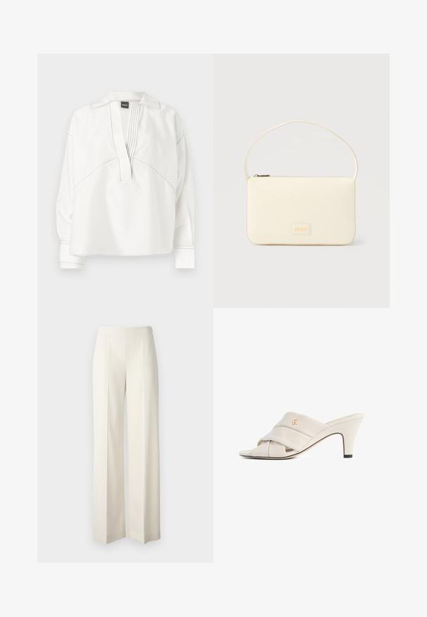 Blouse blanche avec un col à revers, détail plissé à l'avant et surpiqûres contrastantes noires. Dotée de manches longues et d'une coupe décontractée.; Pantalons larges blancs en tissu lisse avec plis avant. Conçus avec une taille haute et une finition soignée.; Mules à talons hauts beiges avec un design de bride en cuir torsadé, bout ouvert et motif de logo en relief. Le talon présente un détail d'embout noir.; Sac à main rectangulaire de couleur crème avec une seule sangle et une fermeture éclair sur le dessus, comportant une petite plaque de logo embossé à l'avant.