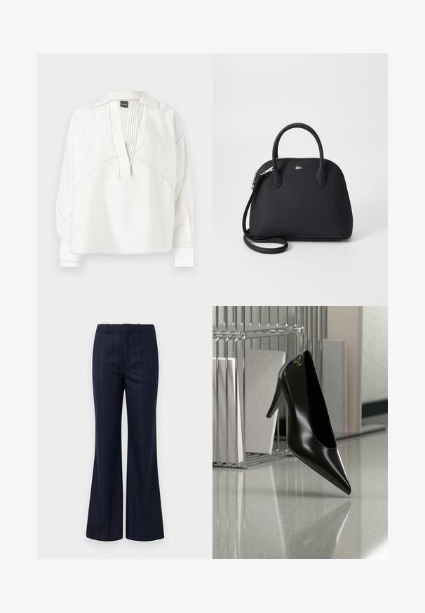 Blouse blanche avec un col à revers, détail plissé à l'avant et surpiqûres contrastantes noires. Dotée de manches longues et d'une coupe décontractée.; Pantalons rayés bleu marine avec une jambe évasée, fabriqués à partir d'un tissu texturé, dotés d'un devant plat et de passants de ceinture pour un ajustement ajusté.; Chaussure noire à talon haut avec bout pointu et logo doré, posée sur une surface réfléchissante près d'un organiseur de dossiers en fil chromé contenant des documents.; Sac à main noir en matériau texturé, doté de deux poignées supérieures et d'une bandoulière amovible, avec un accent logo en argent.