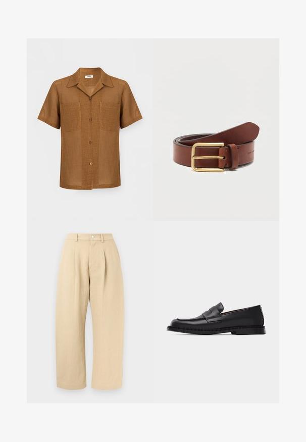 Chemise marron à manches courtes avec boutons, texture ajourée, deux poches poitrine devant et col pointu.; Pantalon beige taille haute à jambes larges avec passants pour ceinture, fermeture à boutons à l'avant, et poches latérales sur un fond clair.; Mocassin penny en cuir noir avec un petit talon, un bout arrondi et une bride décorative sur le dessus, posé sur un fond clair uni.; Ceinture en cuir marron avec boucle rectangulaire dorée, roulée sur un fond blanc uni.