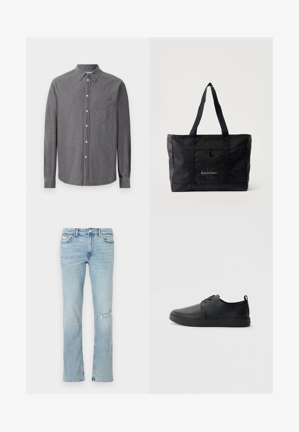 Chemise à manches longues grise à boutons, en tissu doux, avec un col classique, une poche poitrine et une fermeture à boutons standard.; Jean bleu clair à jambe droite avec une déchirure usée sur la cuisse droite, poches avant et taille avec fermeture à bouton.; Baskets en cuir noir avec une finition lisse, bout arrondi, coutures ton sur ton, devant à lacets et semelle plate en caoutchouc. Anse au talon.; Sac cabas noir Calvin Klein avec deux longues anses, poche zippée à l'avant et logo imprimé au centre devant.