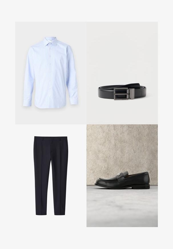 Himmelblau und weiß gestreiftes langärmliges Hemd mit klassischem Kragen, Knopfverschluss vorne und Manschetten, aus einem glatten Stoff gefertigt.; Marineblaue, schlank geschnittene formelle Hose mit Gürtelschlaufen und Seitentaschen, mit Bügelfalte vorne, geeignet für Business- oder formelle Anlässe.; Schwarzer Lederloafer mit einer Metallmarkenplatte, der nahe einem braunen runden Tisch auf beigem Teppichboden ruht.; Schwarzer Ledergürtel mit glatter Oberfläche, ausgestattet mit einer quadratischen, matten Metallschnalle. Mit einem Markenlogo auf dem Gürtel akzentuiert.