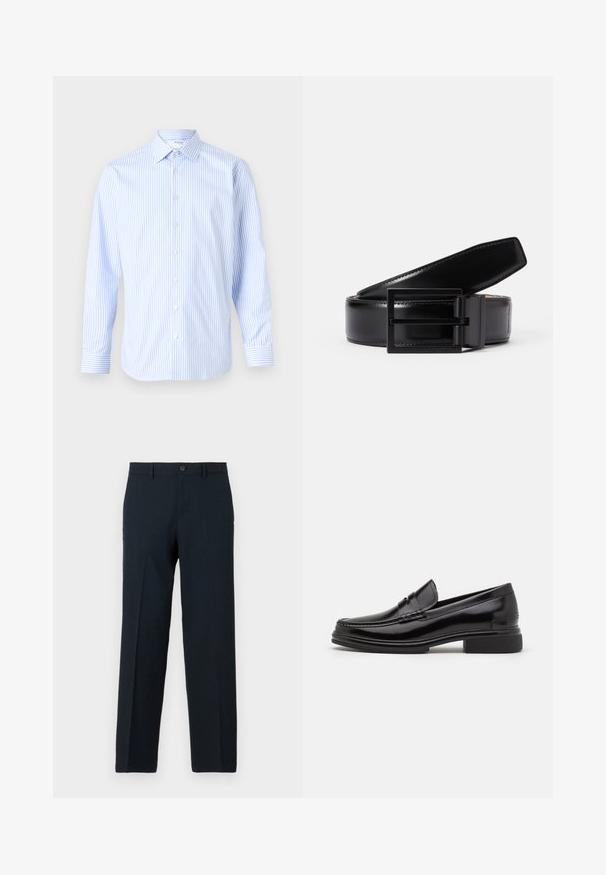 Himmelblau und weiß gestreiftes langärmliges Hemd mit klassischem Kragen, Knopfverschluss vorne und Manschetten, aus einem glatten Stoff gefertigt.; Schwarze Slim-Fit-Hose mit Knopf- und Reißverschluss, Gürtelschlaufen und geradem Bein.; Schwarze Lederloafers mit runder Zehenform, ausgestattet mit einer genähten Detail über dem Vorderschaft und einem niedrigen Blockabsatz. Glatte Textur und glänzende Oberfläche.; Schwarzer Ledergürtel mit glatter Oberfläche, ausgestattet mit einer quadratischen schwarzen Metallschnalle. Der Gürtel hat dezente Nähte und ein klassisches Design.