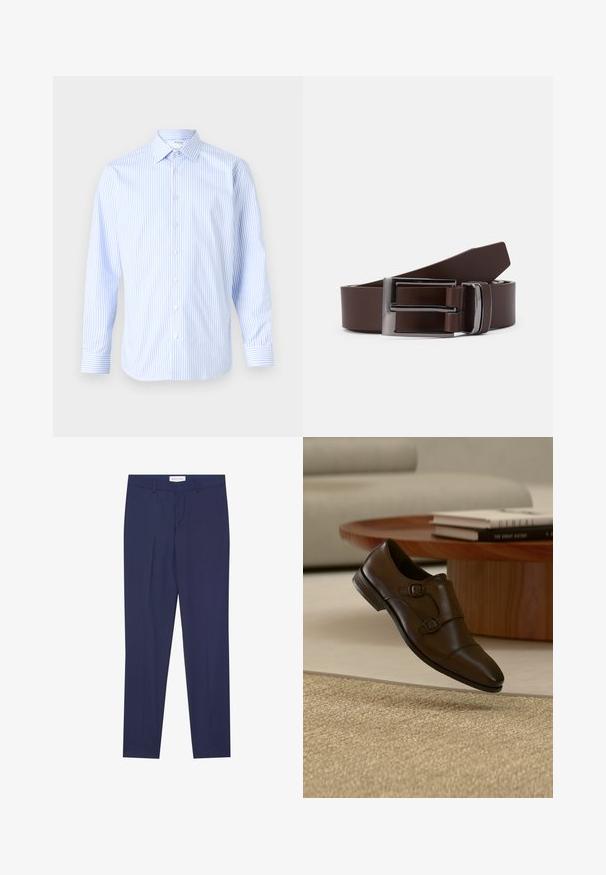 Camisa de manga larga a rayas azul claro y blanca con cuello clásico, cierre de botones en la parte delantera y puños, hecha de una tela suave.; Pantalones de vestir de color navy, confeccionados en una tela suave, con un corte plano en la parte delantera, dos bolsillos laterales, cremallera y dobladillo limpio sin patrones ni acentos.; Zapato de vestir de cuero marrón oscuro con doble hebilla flotando sobre una alfombra beige texturizada en un entorno de sala de estar moderna.; Cinturón de cuero marrón con una hebilla de metal plateado, que presenta una textura suave y un diseño rectangular elegante. Sencillo y funcional.