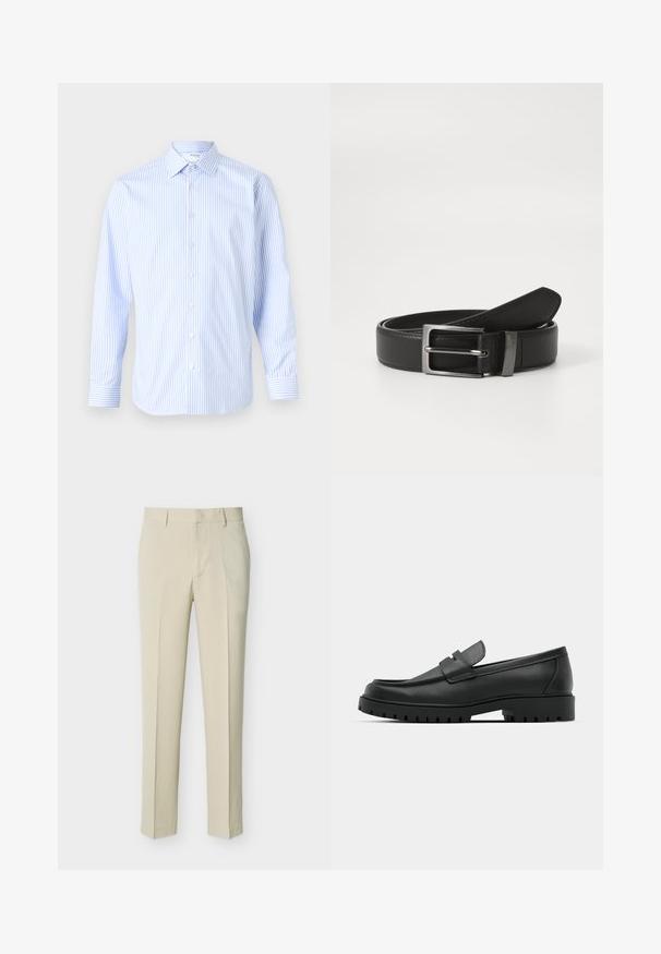 Camisa de manga larga a rayas azul claro y blanca con cuello clásico, cierre de botones en la parte delantera y puños, hecha de una tela suave.; Pantalones beige a medida de pierna recta con trabillas para cinturón y cremallera frontal, mostrados sobre un fondo claro y sencillo.; Mocasines de cuero negro con punta redonda, que cuentan con un diseño cosido, suela de plataforma baja y una suela de goma texturada y con tacos.; Cinturón de cuero negro con hebilla de metal plateada, que presenta un acabado suave y un diseño clásico. El cinturón está neatly doblado.