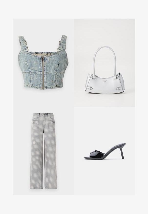 Denim crop top med en lyseblå vask, har lynlås lukning, smocket ryg og brede stropper. Detaljer omfatter syninger og let slid.; Lys grå denim brede bukser med høj talje, fire lommer og et falmet mønster for en afslappet pasform.; Sorte laklæder sandaletter med åben tå, der har et buet overdesign og en spids stilethæl. Glat, blank finish.; Sølv håndtaske med et struktureret design, der har to håndtag, en skinnende overflade, accenthardware og et trekantet logo på fronten.