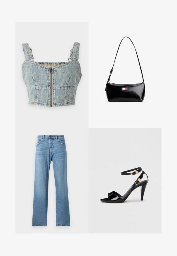 Denim crop top med en lyseblå vask, har lynlås lukning, smocket ryg og brede stropper. Detaljer omfatter syninger og let slid.; Lyseblå denimjeans med lige ben-design, der har en standard talje, fem lommer og subtilt slid på stoffet.; Sorte patentlæder højhælede sandaler med dobbelte ankelremme og guldspænder, åben tå og slank taperet hæl på neutral baggrund.; Sort patenteret læder skuldertaske med en buet rem, lynlåslukning og et rektangulært logo patch i rød, hvid og blå.