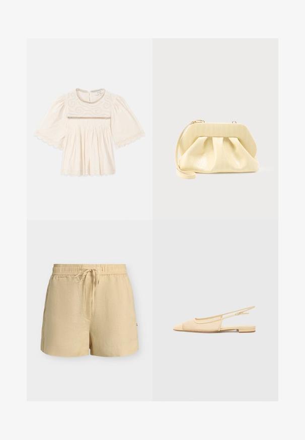 Blouse crème avec des manches larges, broderie complexe sur la poitrine, finition en dentelle festonnée sur les manches et l'ourlet, et tissu plissé sous la poitrine.; Shorts en lin beige avec taille élastique et cordon de serrage à l'avant, avec poches latérales et coupe décontractée.; Chaussure plate slingback en beige clair avec une tige en maille, un bout pointu et un petit talon. Dotée d'une sangle ajustable pour un bon maintien.; Pochette en cuir couleur crème avec un cadre supérieur structuré et une lanière pour poignet, présentée sur un fond clair uni.