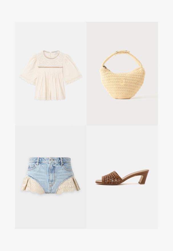 Cremefarvet bluse med brede ærmer, detaljeret broderi på brystet, scalloperet blonder på ærmerne og kanten samt plisseret stof under brystet.; Lyseblå denimshorts med beige hæklet blonderkant på kanten, med forlommer, bæltestropper og knaplukning.; Brun flettet mule med åben tå, blokhæl og slip-on design på en ensfarvet hvid baggrund.; Beige vævet håndtaske med afrundet krop, lynlås, og en kort, tyk strop i en enkel, tekstureret hæklestil.