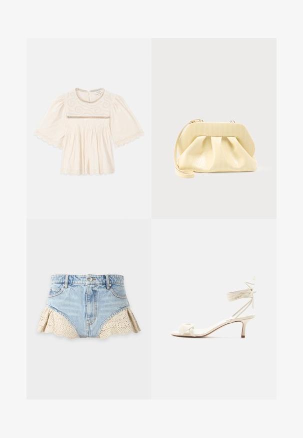 Blouse crème avec des manches larges, broderie complexe sur la poitrine, finition en dentelle festonnée sur les manches et l'ourlet, et tissu plissé sous la poitrine.; Short en jean bleu clair avec bordure en dentelle crochet beige à l'ourlet, avec poches avant, passants de ceinture et fermeture par bouton.; Sandale à talon bas de couleur crème avec des liens à nouer autour de la cheville et une large bride torsadée sur les orteils, sur un fond blanc uni.; Pochette en cuir couleur crème avec un cadre supérieur structuré et une lanière pour poignet, présentée sur un fond clair uni.