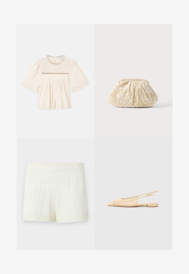 Blouse crème avec des manches larges, broderie complexe sur la poitrine, finition en dentelle festonnée sur les manches et l'ourlet, et tissu plissé sous la poitrine.; Shorts tricotés de couleur crème avec des motifs texturés verticaux et une large ceinture élastique sur un fond uni.; Chaussure plate slingback en beige clair avec une tige en maille, un bout pointu et un petit talon. Dotée d'une sangle ajustable pour un bon maintien.; Pochette en tissu couleur crème avec superposition de dentelle florale et fermeture supérieure froncée sur fond clair uni.