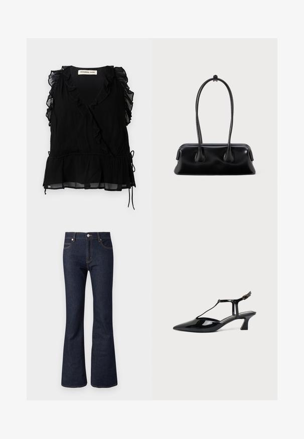 Black sleeveless top with ruffled edges, V-neckline, and a flared hem. Made of lightweight fabric with a textured finish and drawstring detail.; Dark denim flared jeans with a high waist, featuring visible stitching, a front button closure, and standard five-pocket design.; Black patent leather pointed-toe slingback shoe with T-strap and low angled block heel on white background.; Black leather handbag featuring two elongated handles, a smooth texture, and a rounded base with decorative accents on the sides.