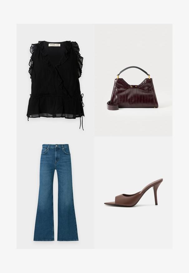 Black sleeveless top with ruffled edges, V-neckline, and a flared hem. Made of lightweight fabric with a textured finish and drawstring detail.; Flared blue denim jeans with a mid-rise waist, featuring front pockets, belt loops, and a classic five-pocket design.; Brown leather open-toe high-heeled mules with a sleek design, featuring a wide front strap and a slender stiletto heel.; Dark burgundy leather handbag with textured pattern, black top handle, gold hardware, and detachable shoulder strap on white background.