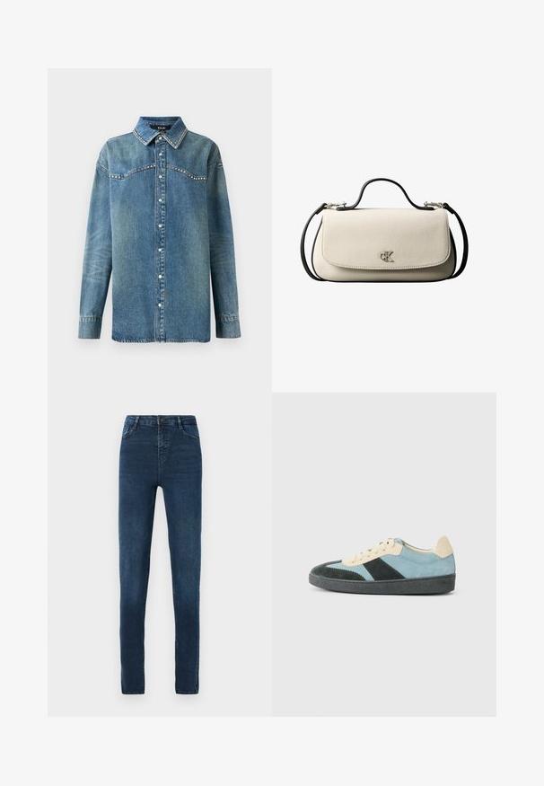 Blauwe denim overhemd met lange mouwen, drukknoopsluiting, puntige kraag en strass-details langs de schouderpas en kraagranden.; Skinny jeans in een donkere denim, met een gladde textuur, een klassiek vijf-pocket ontwerp, en een ritssluiting met knoopsluiting.; Laag model sneaker in lichtblauw, donkergroen en beige zacht leer met een zwarte zool en beige veters, getoond vanuit de zijkant.; Crèmekleurige rechthoekige handtas met zwarte riem en handvat, voorflapsluiting en een klein zilverkleurig "cK"-logo in het midden van de voorkant.